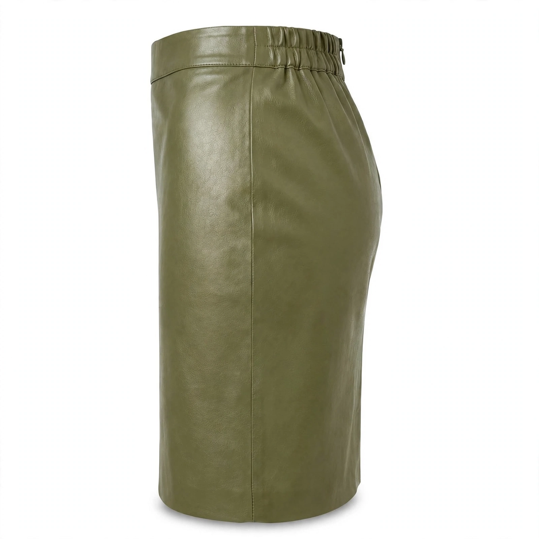 MRKSHI PRIVATE — Smooth Leather leather Skirt in Olive, back view