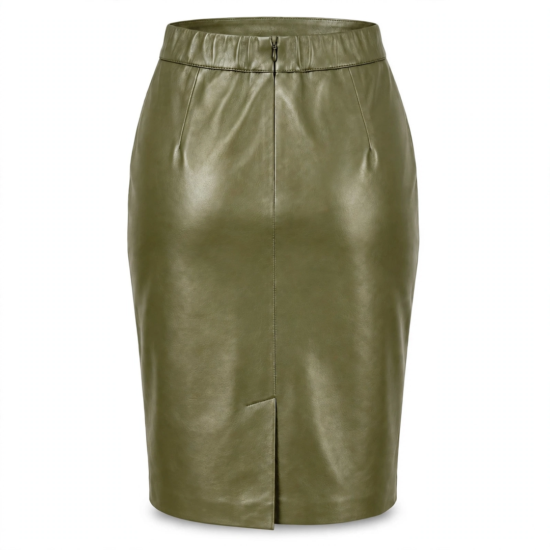 MRKSHI PRIVATE — Smooth Leather leather Skirt in Olive, three quarter view
