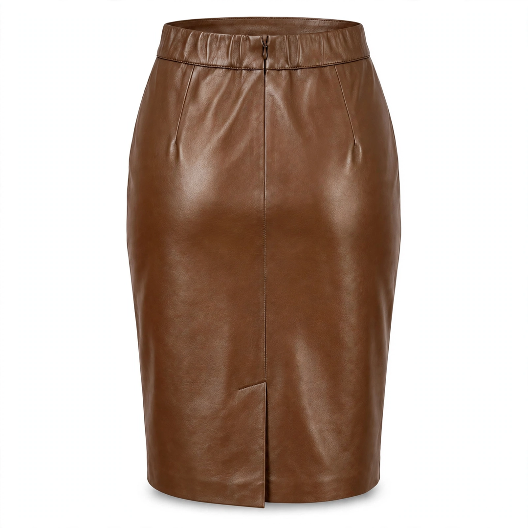 MRKSHI PRIVATE — Smooth Leather leather Skirt in Tobacco, back view
