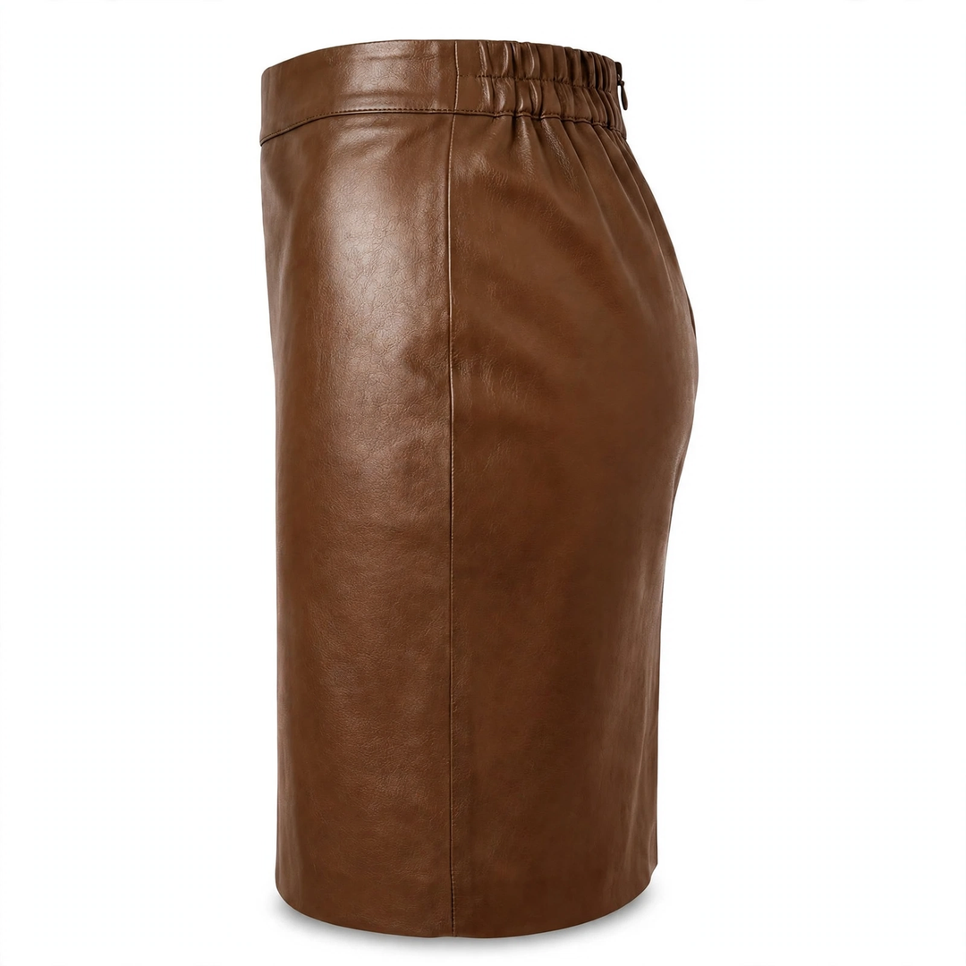 MRKSHI PRIVATE — Smooth Leather leather Skirt in Tobacco, three quarter view