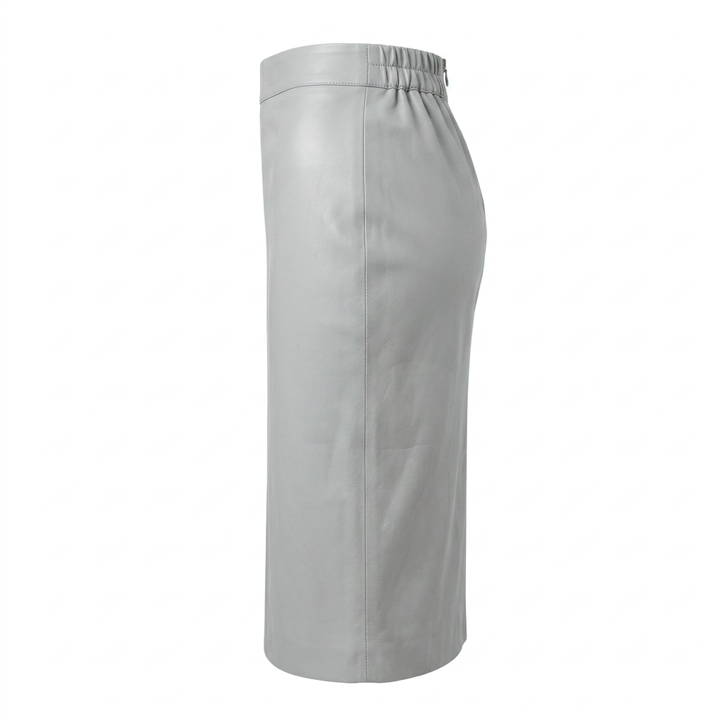 MRKSHI PRIVATE — Smooth Leather leather Skirt in Ice Grey, three quarter view