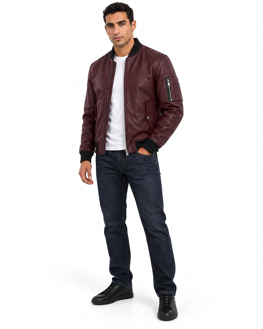 MRKSHI BOOBA — Lamb Nappa leather Jacket in Burgundy, three quarter view