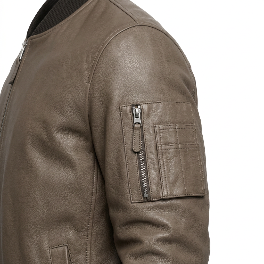 MRKSHI BOOBA — Lamb Nappa leather Jacket in Taupe, leather detail