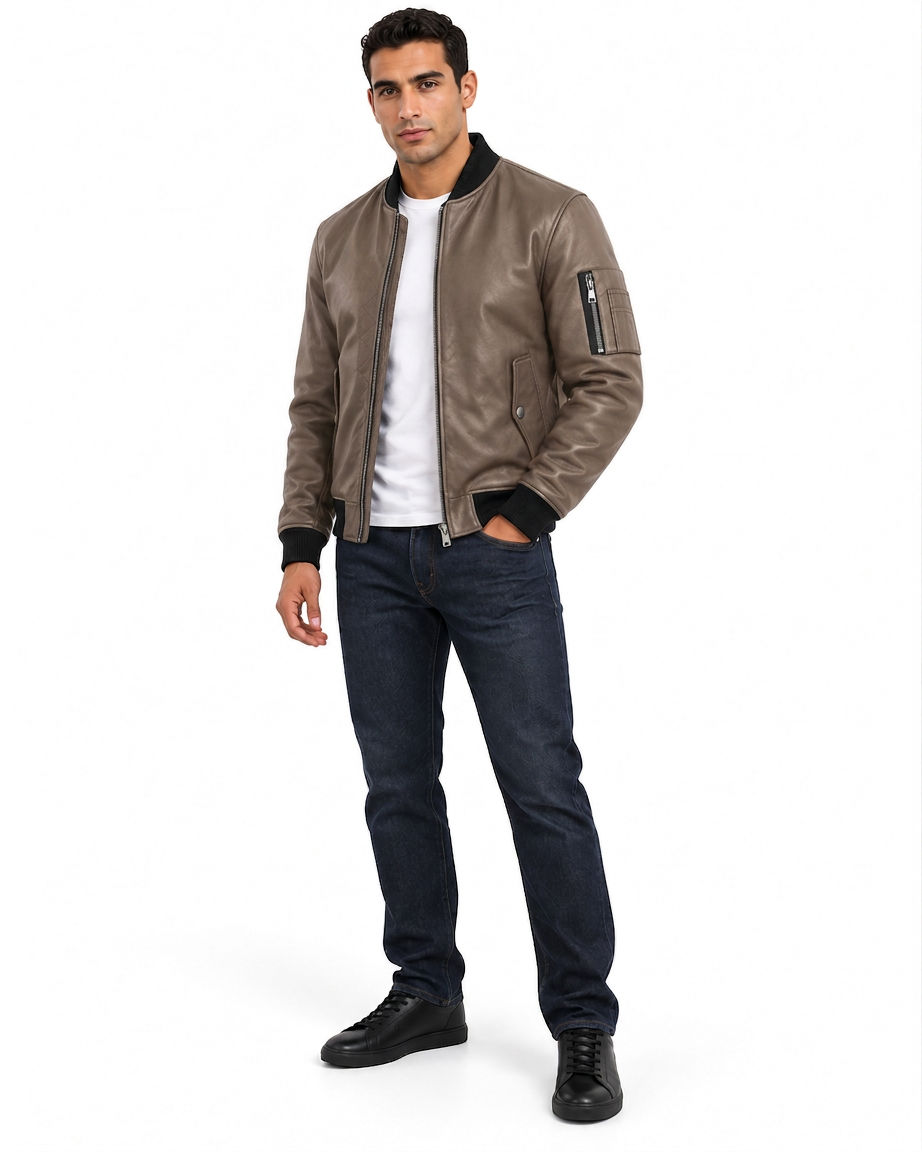 MRKSHI BOOBA — Lamb Nappa leather Jacket in Taupe, three quarter view