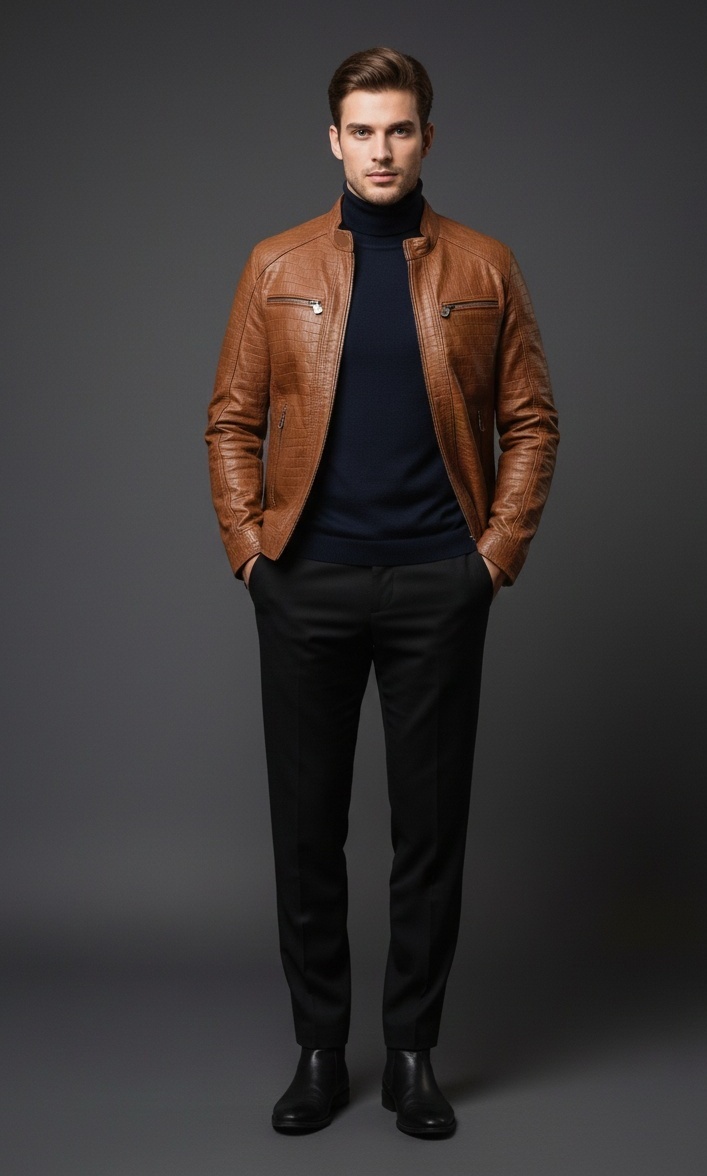 MRKSHI ANTONY — Lamb Nappa leather Jacket in Camel, three quarter view