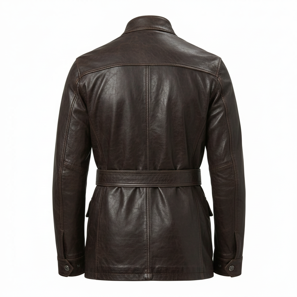 MRKSHI ECHO — Smooth Leather leather Coat in Dark Chocolate, back view
