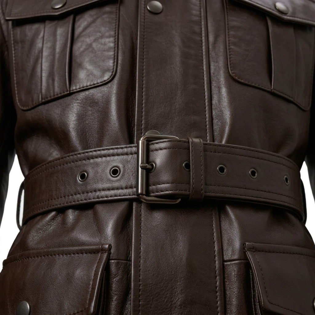 MRKSHI ECHO — Smooth Leather leather Coat in Dark Chocolate, leather detail