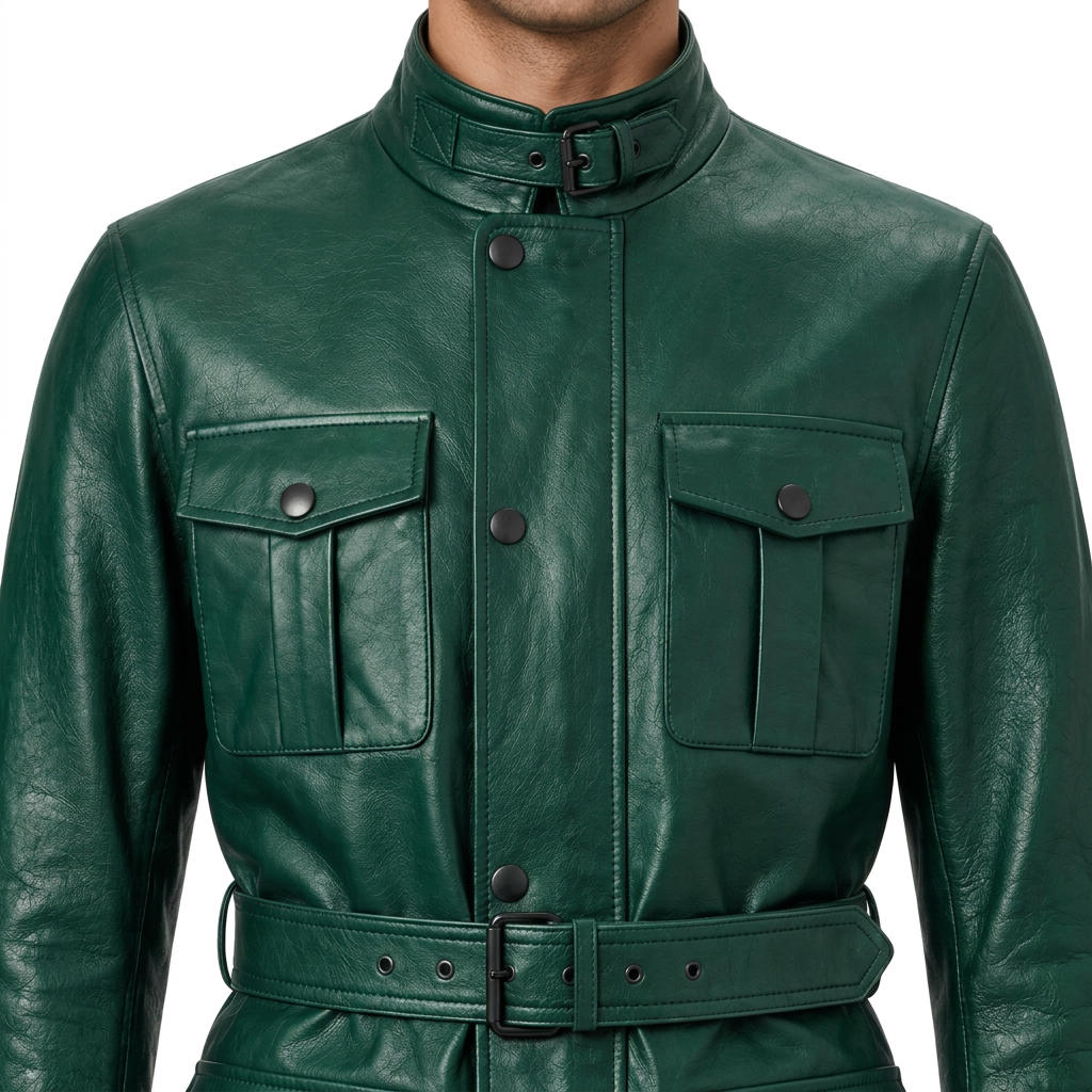 MRKSHI ECHO — Smooth Leather leather Coat in Emerald, leather detail