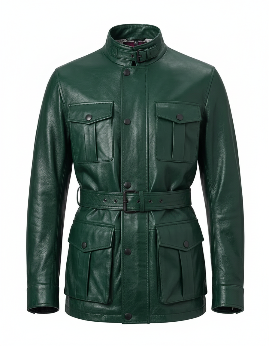 MRKSHI ECHO — Smooth Leather leather Coat in Emerald, front view