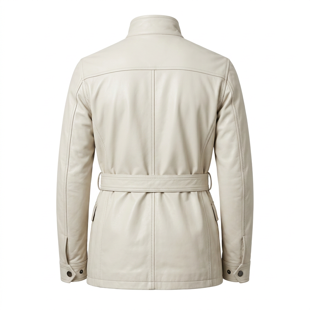 MRKSHI ECHO — Smooth Leather leather Coat in Off White, back view