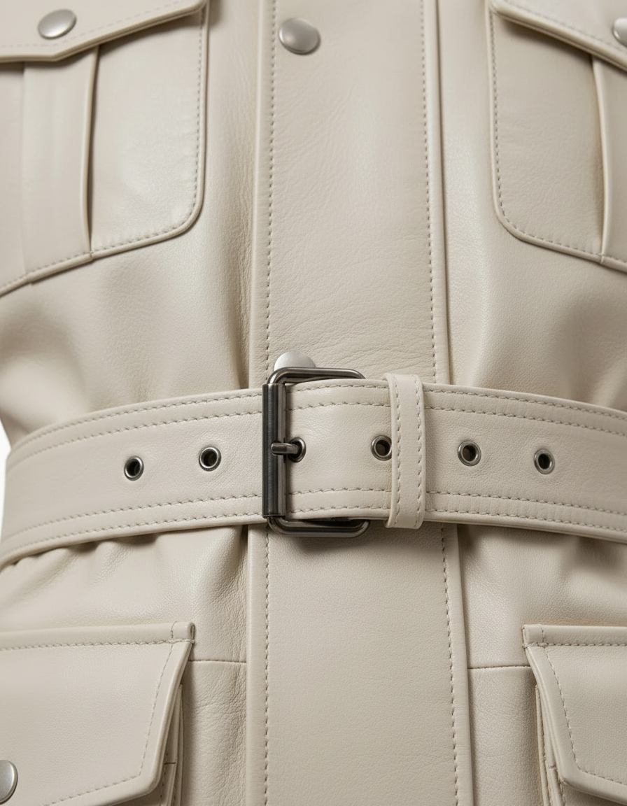 MRKSHI ECHO — Smooth Leather leather Coat in Off White, leather detail