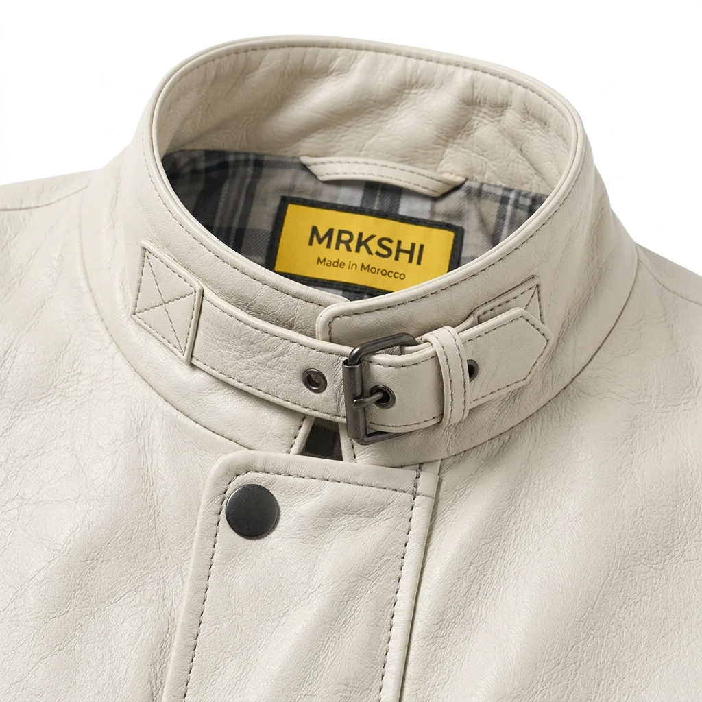 MRKSHI ECHO — Smooth Leather leather Coat in Off White, detail