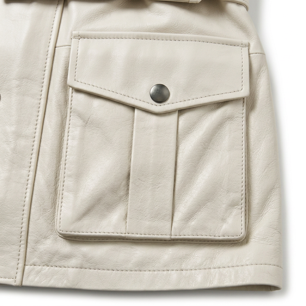 MRKSHI ECHO — Smooth Leather leather Coat in Off White, detail