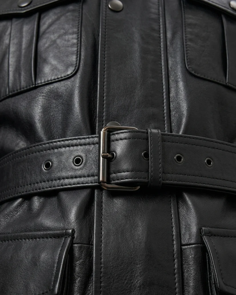 MRKSHI ECHO — Smooth Leather leather Coat in Black, leather detail