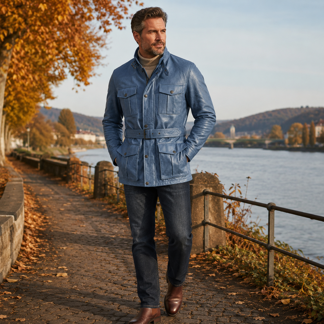 MRKSHI ECHO — Smooth Leather leather Coat in Shark, leather detail
