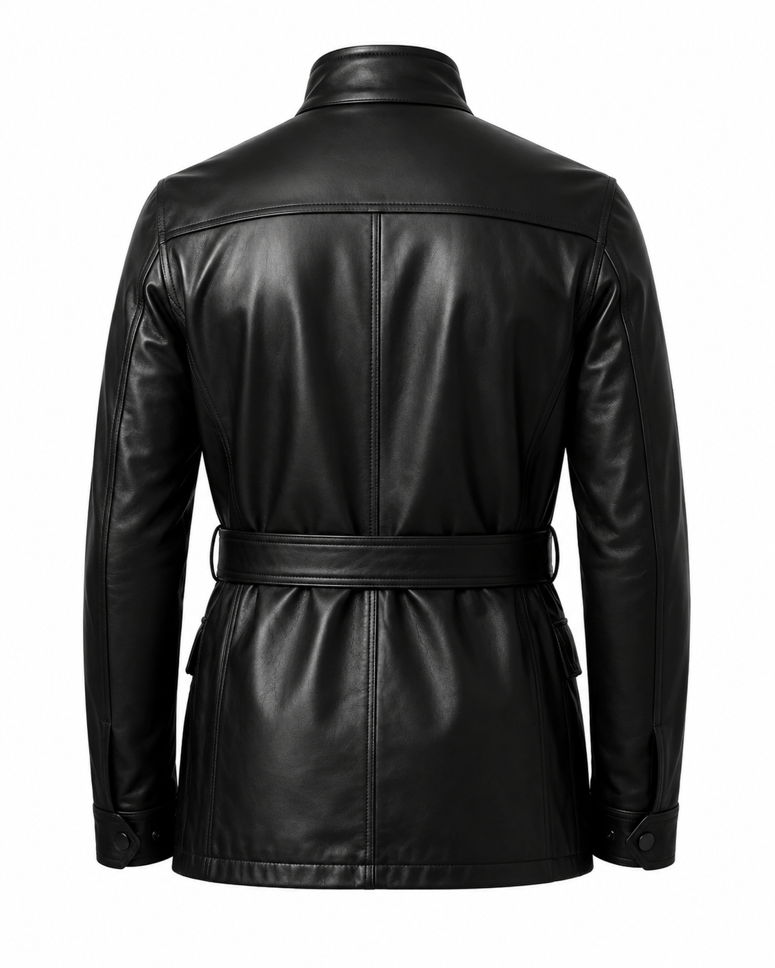 MRKSHI ECHO — Smooth Leather leather Coat in Black, back view