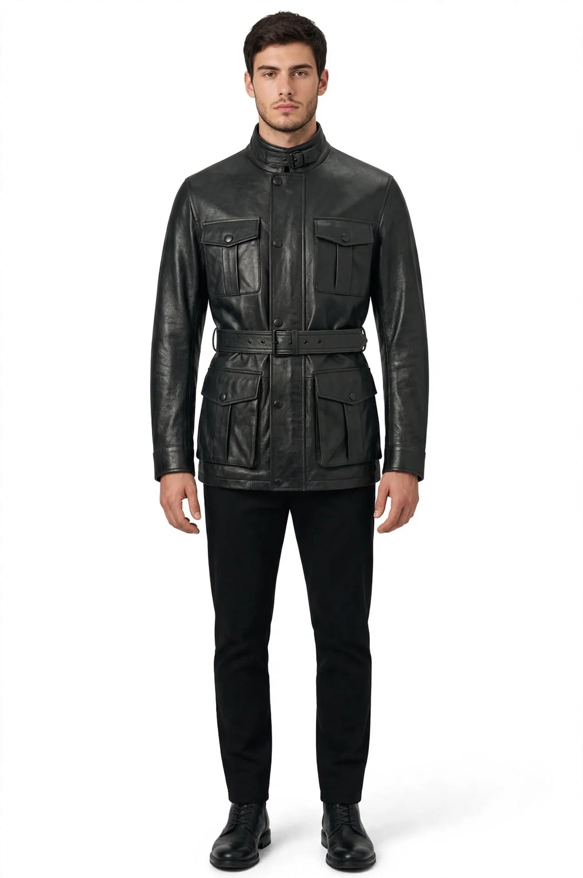 MRKSHI ECHO — Smooth Leather leather Coat in Black, three quarter view