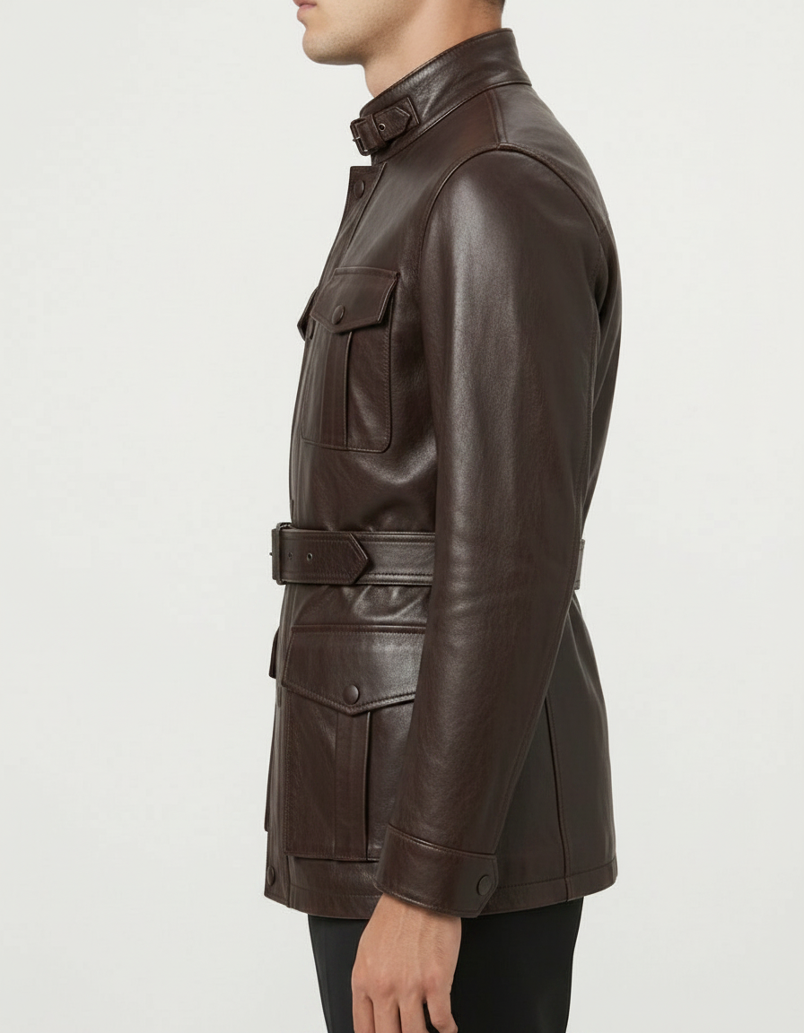 MRKSHI ECHO — Smooth Leather leather Coat in Dark Chocolate, three quarter view