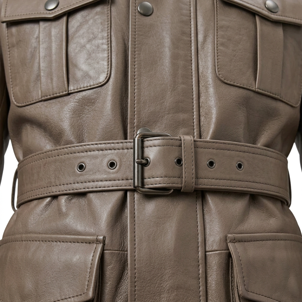 MRKSHI ECHO — Smooth Leather leather Coat in Taupe, leather detail