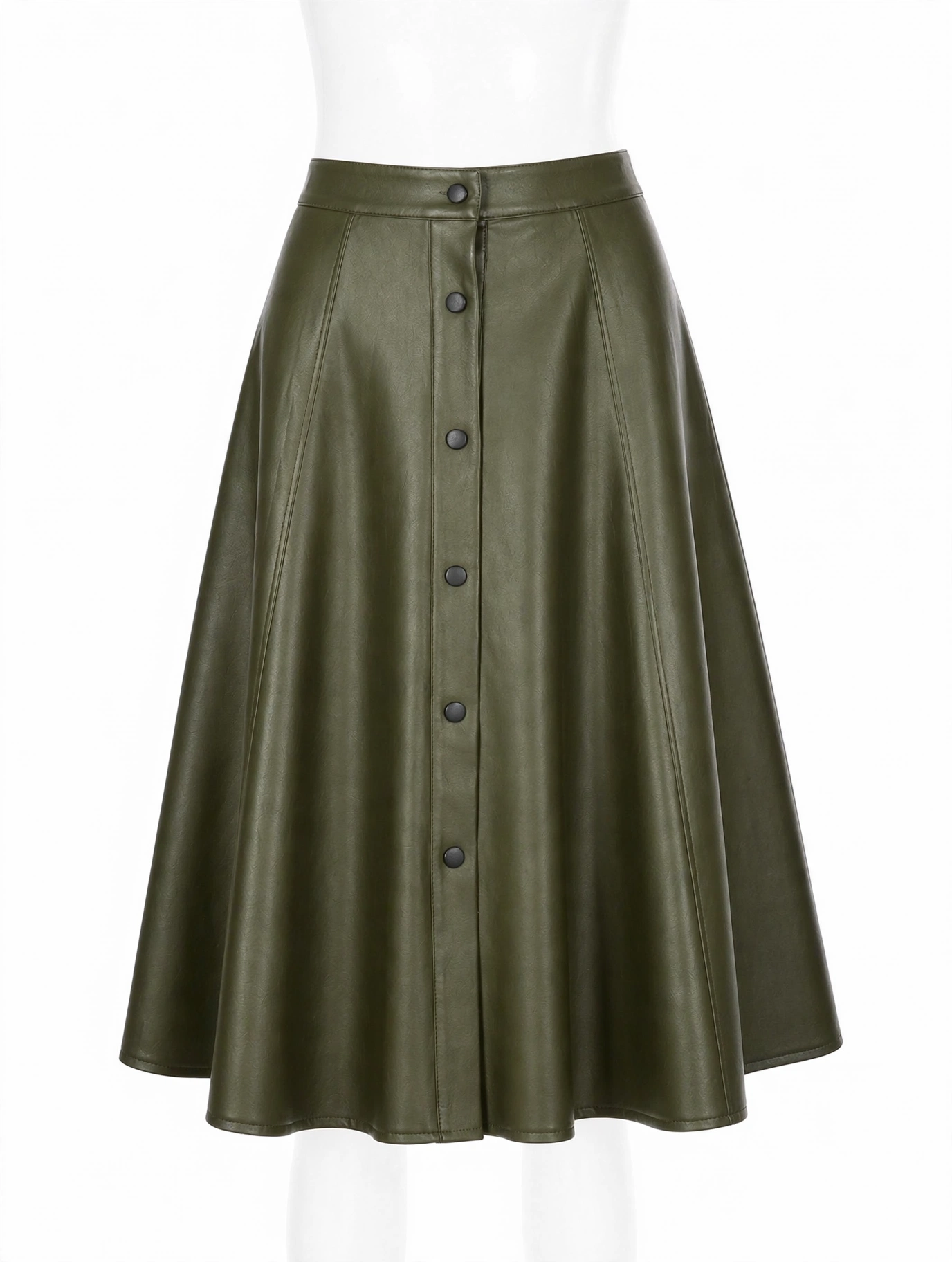 MRKSHI ALINE — Smooth Leather leather Skirt in Olive, front view