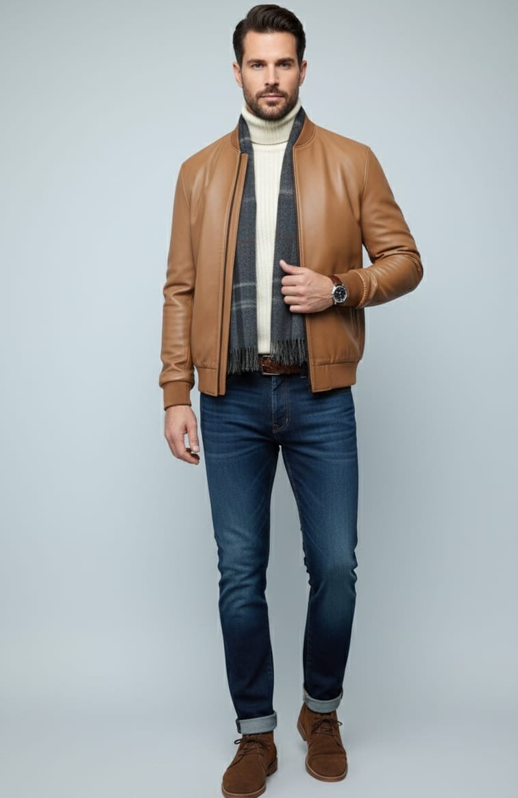 MRKSHI BOMBER — Lamb Nappa leather Jacket in Tobacco, leather detail