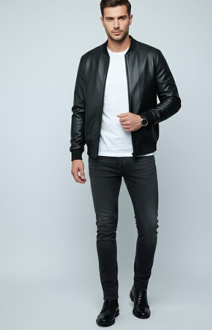 MRKSHI BOMBER — Lamb Nappa leather Jacket in Black, leather detail