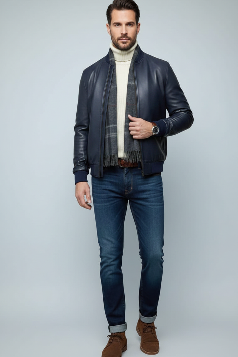 MRKSHI BOMBER — Lamb Nappa leather Jacket in Navy, leather detail