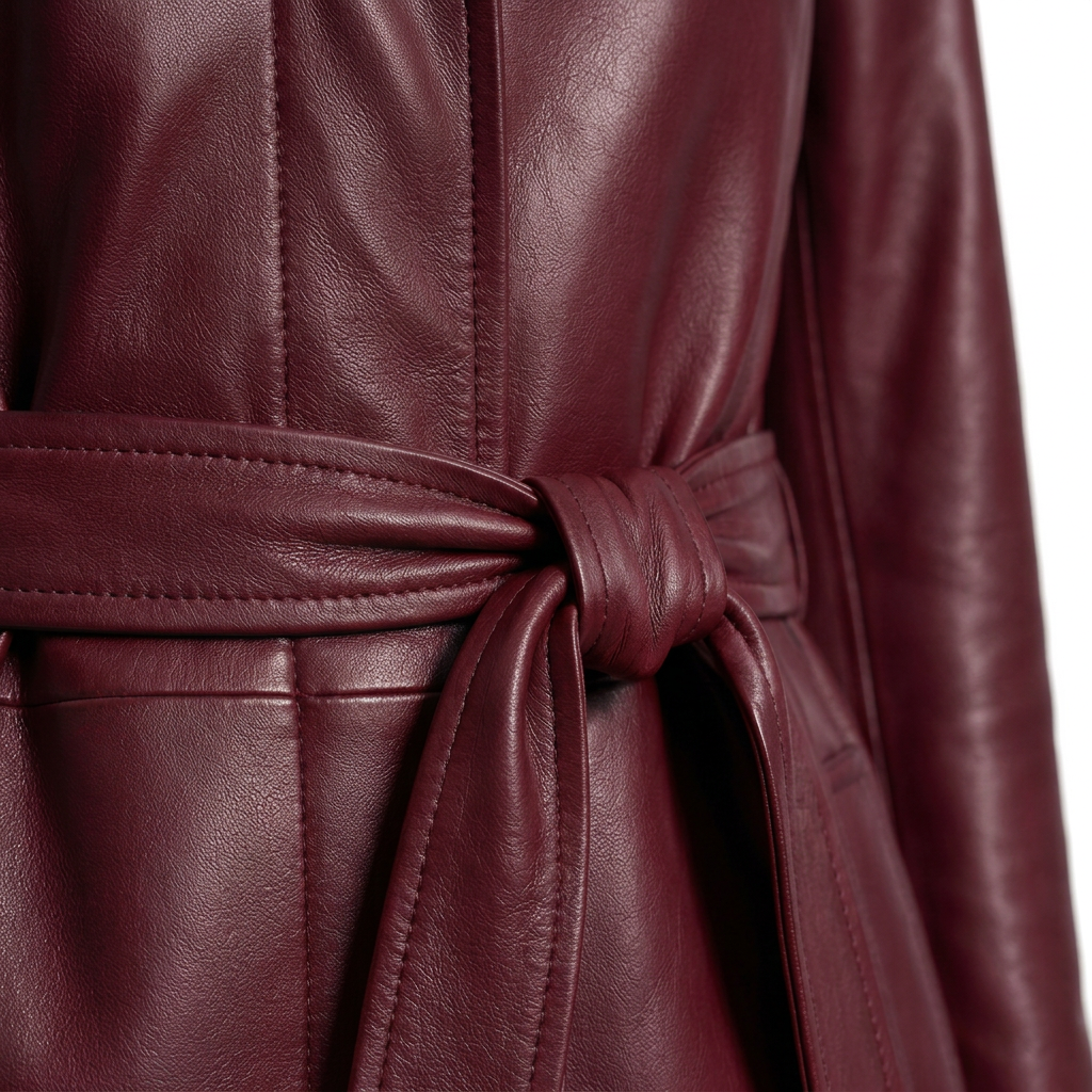 MRKSHI FOREVER — Smooth Leather leather Coat in Burgundy, leather detail