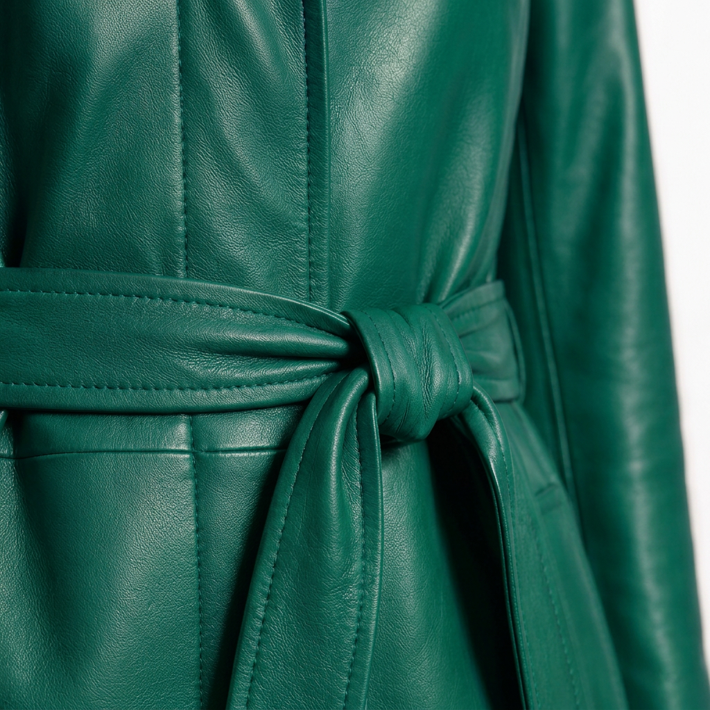 MRKSHI FOREVER — Smooth Leather leather Coat in Emerald, leather detail
