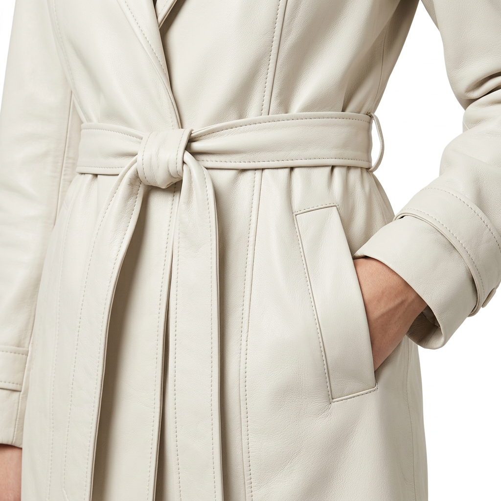 MRKSHI FOREVER — Smooth Leather leather Coat in Off White, leather detail
