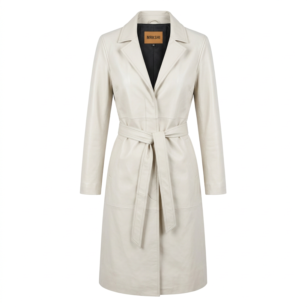 MRKSHI FOREVER — Smooth Leather leather Coat in Off White, front view