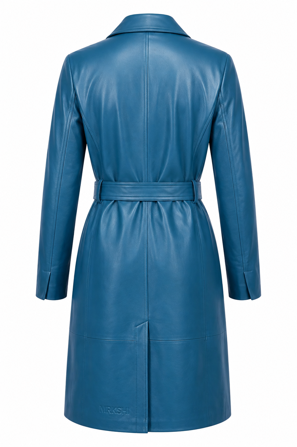 MRKSHI FOREVER — Smooth Leather leather Coat in Atlas Blue, back view