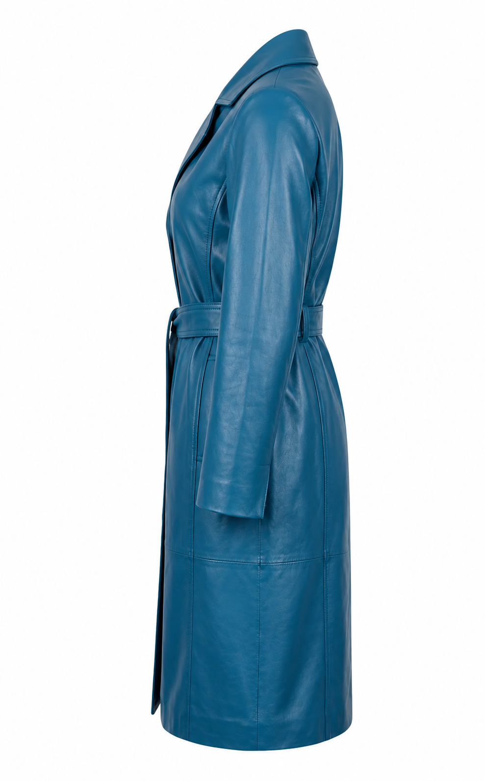 MRKSHI FOREVER — Smooth Leather leather Coat in Atlas Blue, side view