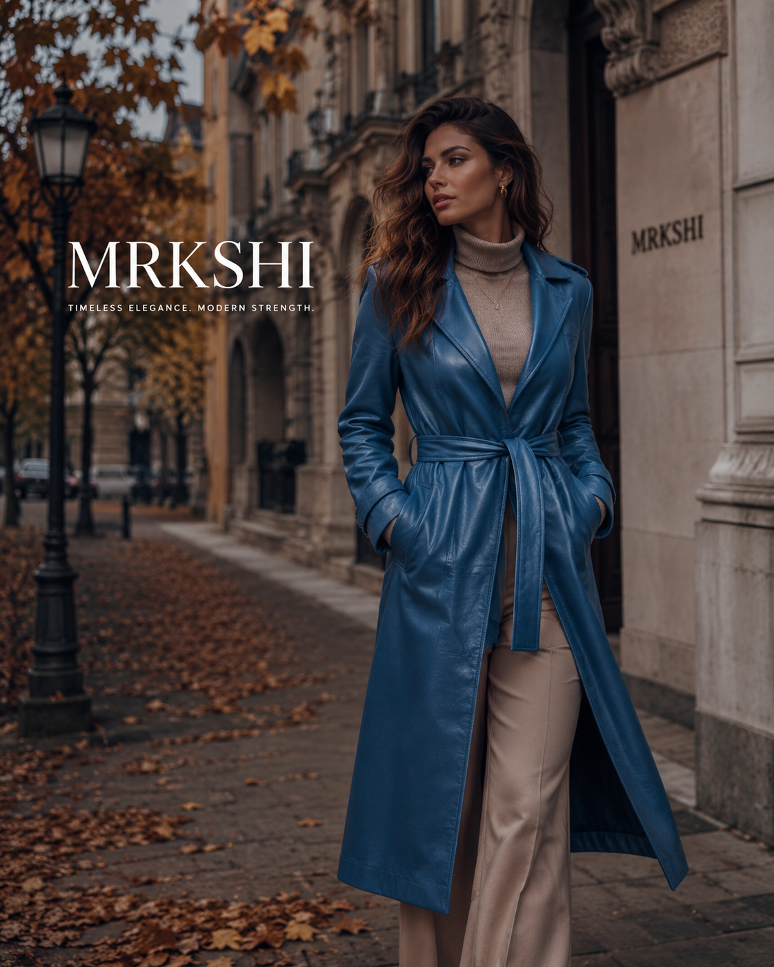 MRKSHI FOREVER — Smooth Leather leather Coat in Atlas Blue, leather detail