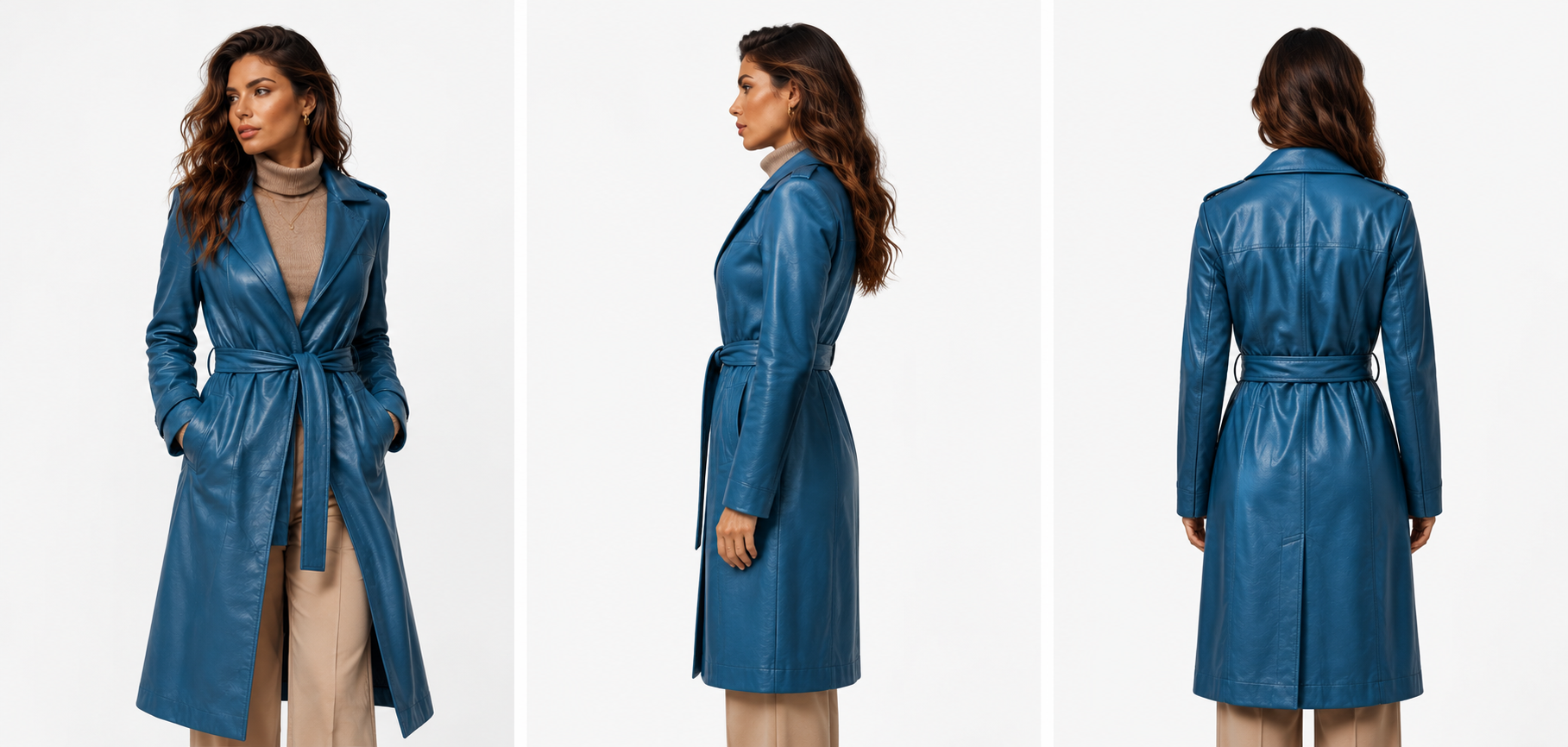 MRKSHI FOREVER — Smooth Leather leather Coat in Atlas Blue, three quarter view