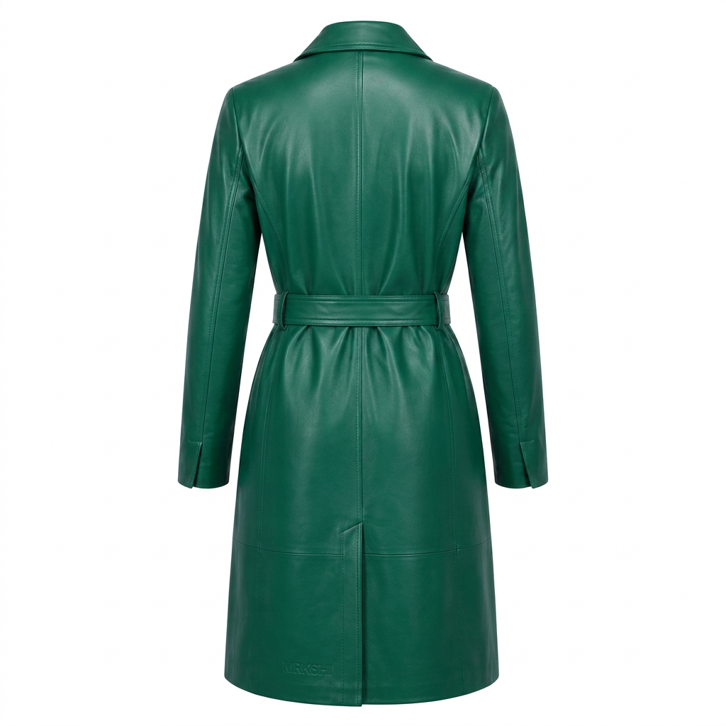 MRKSHI FOREVER — Smooth Leather leather Coat in Emerald, back view