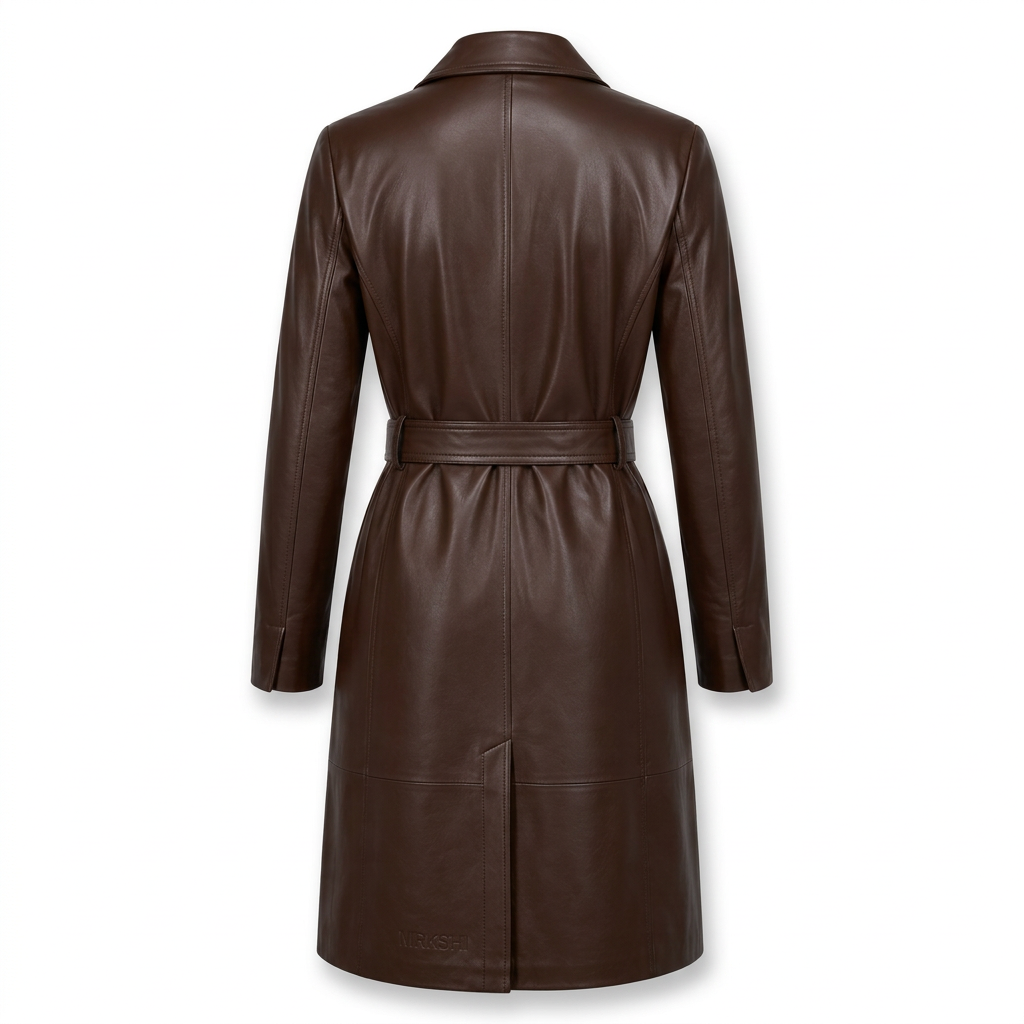 MRKSHI FOREVER — Smooth Leather leather Coat in Dark Chocolate, back view