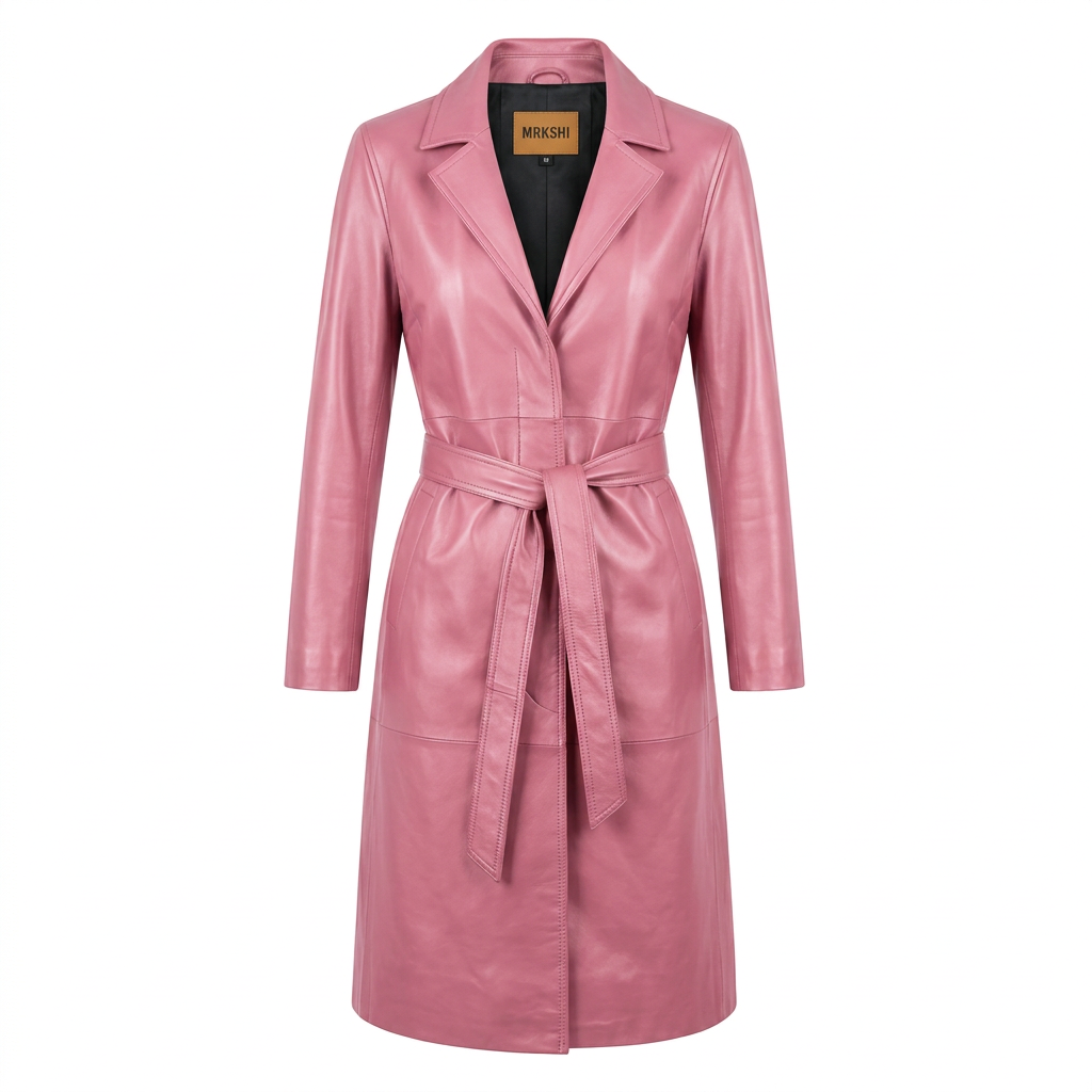 MRKSHI FOREVER — Smooth Leather leather Coat in Pink, front view