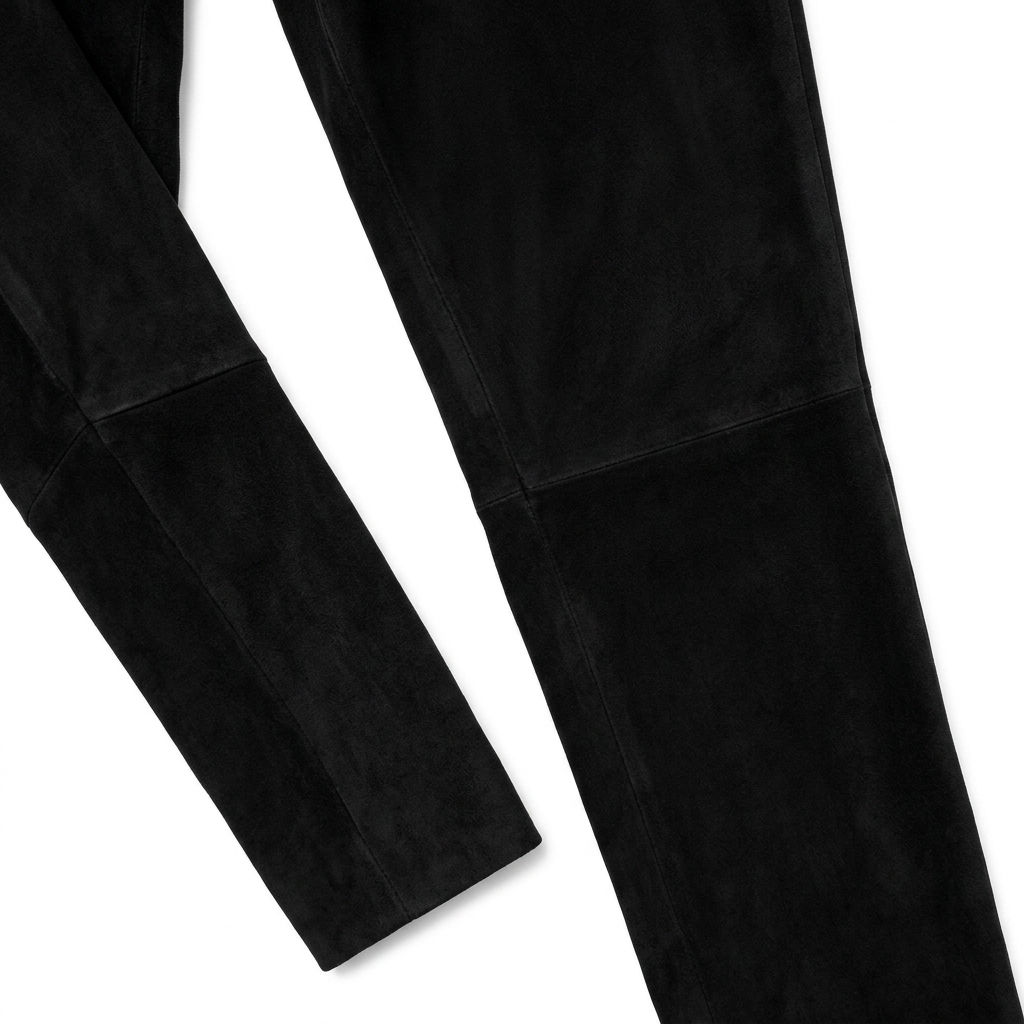 MRKSHI FLARE — Suede leather Pants in Black, leather detail