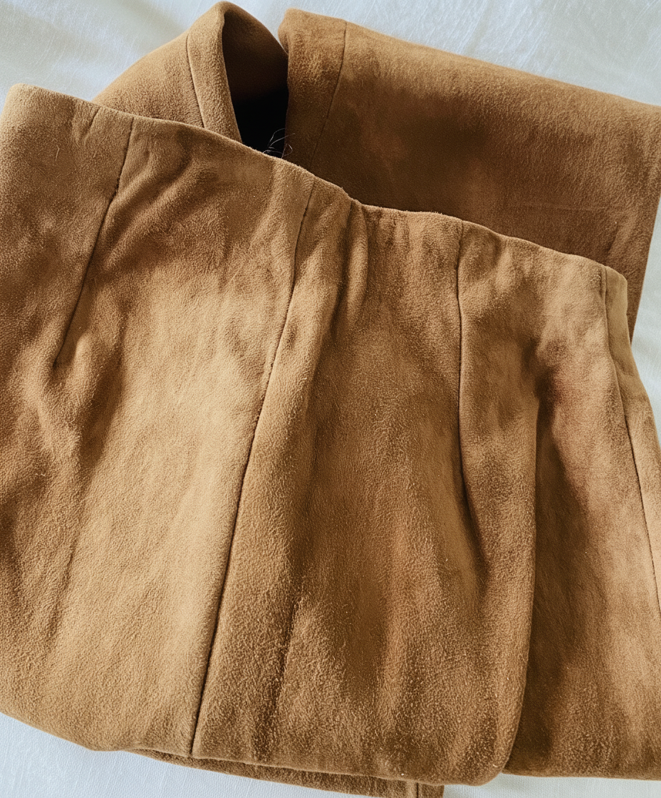 MRKSHI FLARE — Suede leather Pants in Sand, leather detail