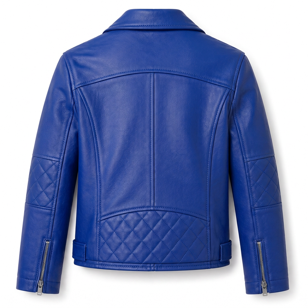 MRKSHI FOUND — Smooth Leather leather Jacket in Blue Night, back view