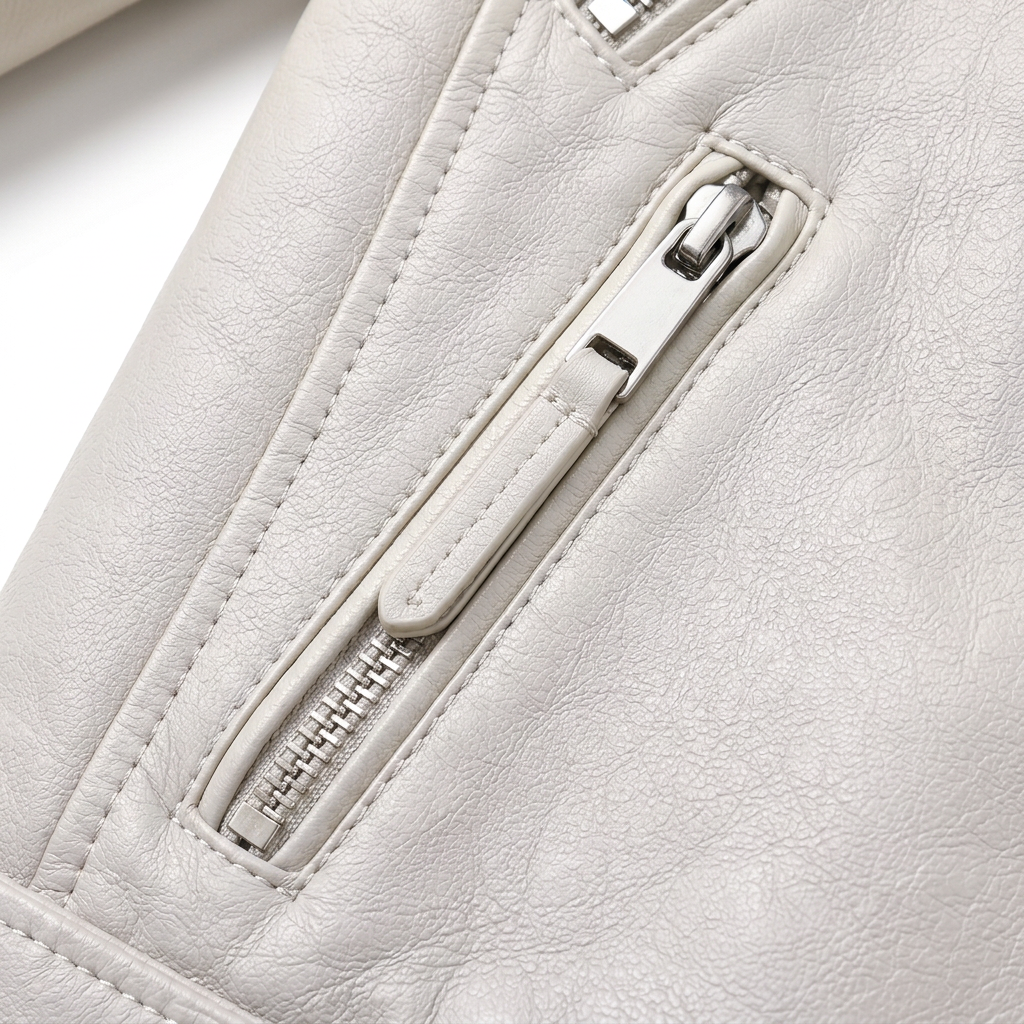 MRKSHI FOUND — Smooth Leather leather Jacket in Off White, detail