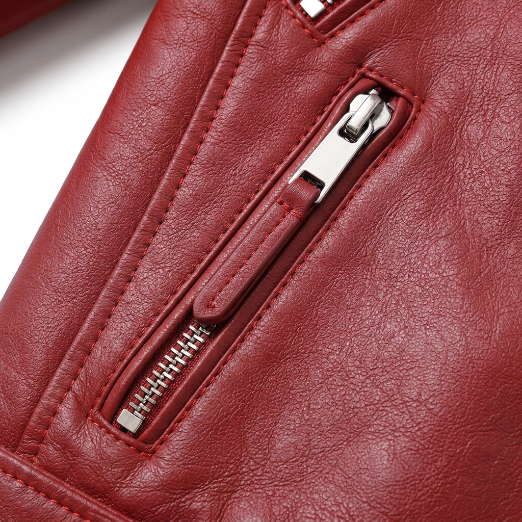 MRKSHI FOUND — Smooth Leather leather Jacket in Red, detail