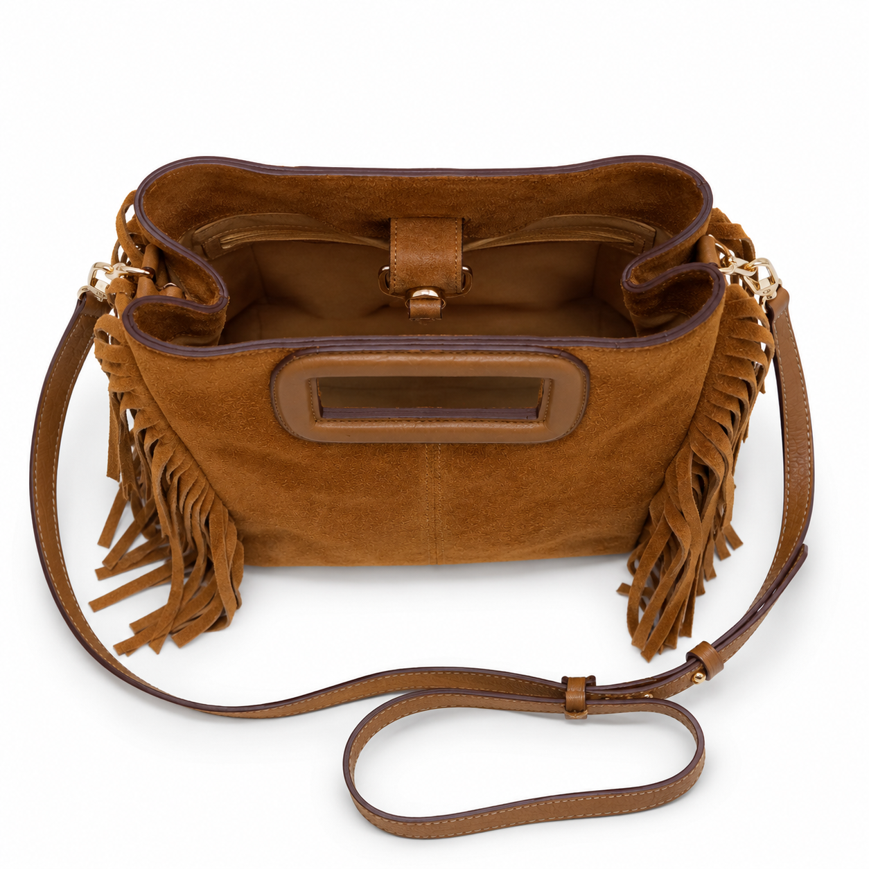 MRKSHI ORBIT — Suede leather Bag in Tobacco, three quarter view