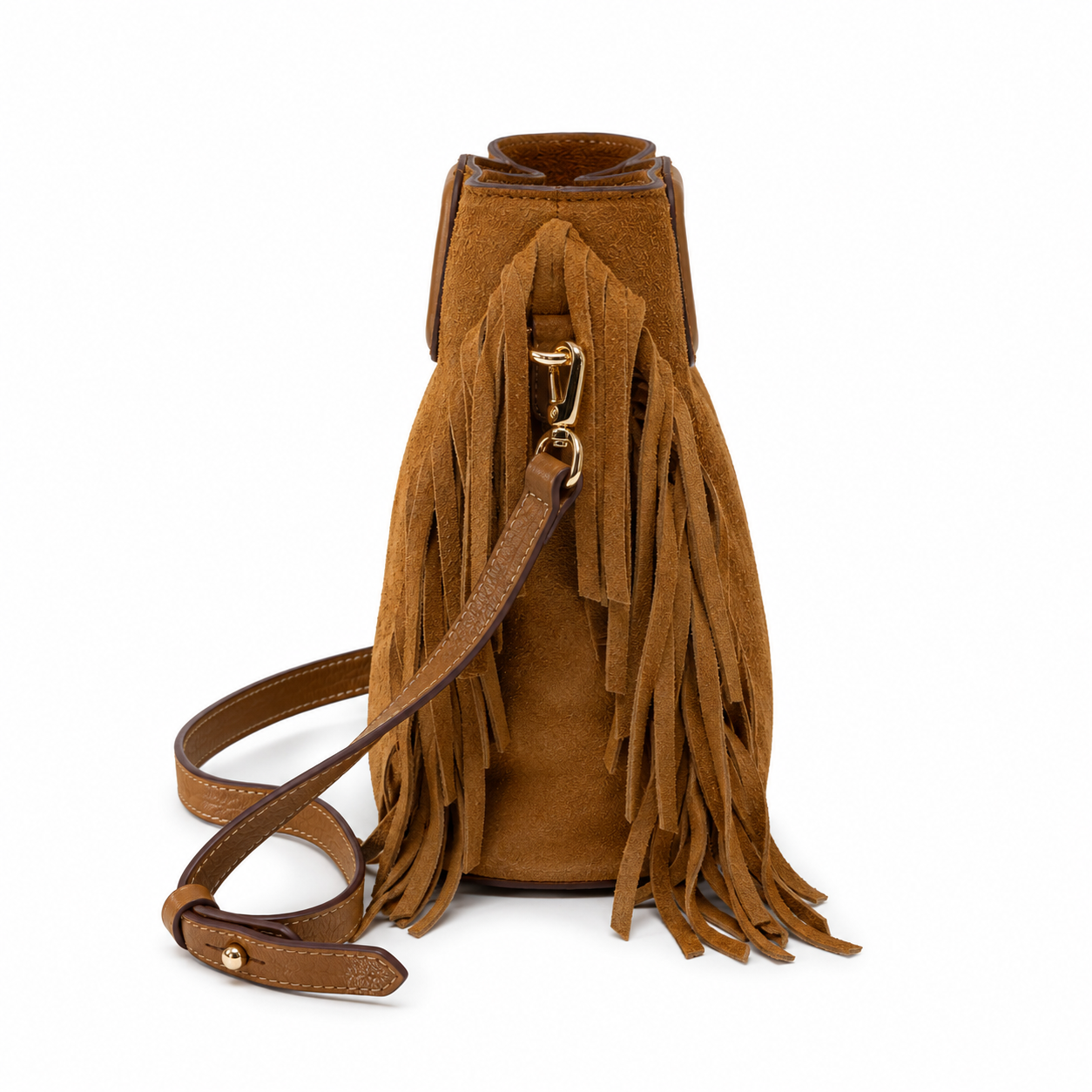 MRKSHI ORBIT — Suede leather Bag in Tobacco, three quarter view