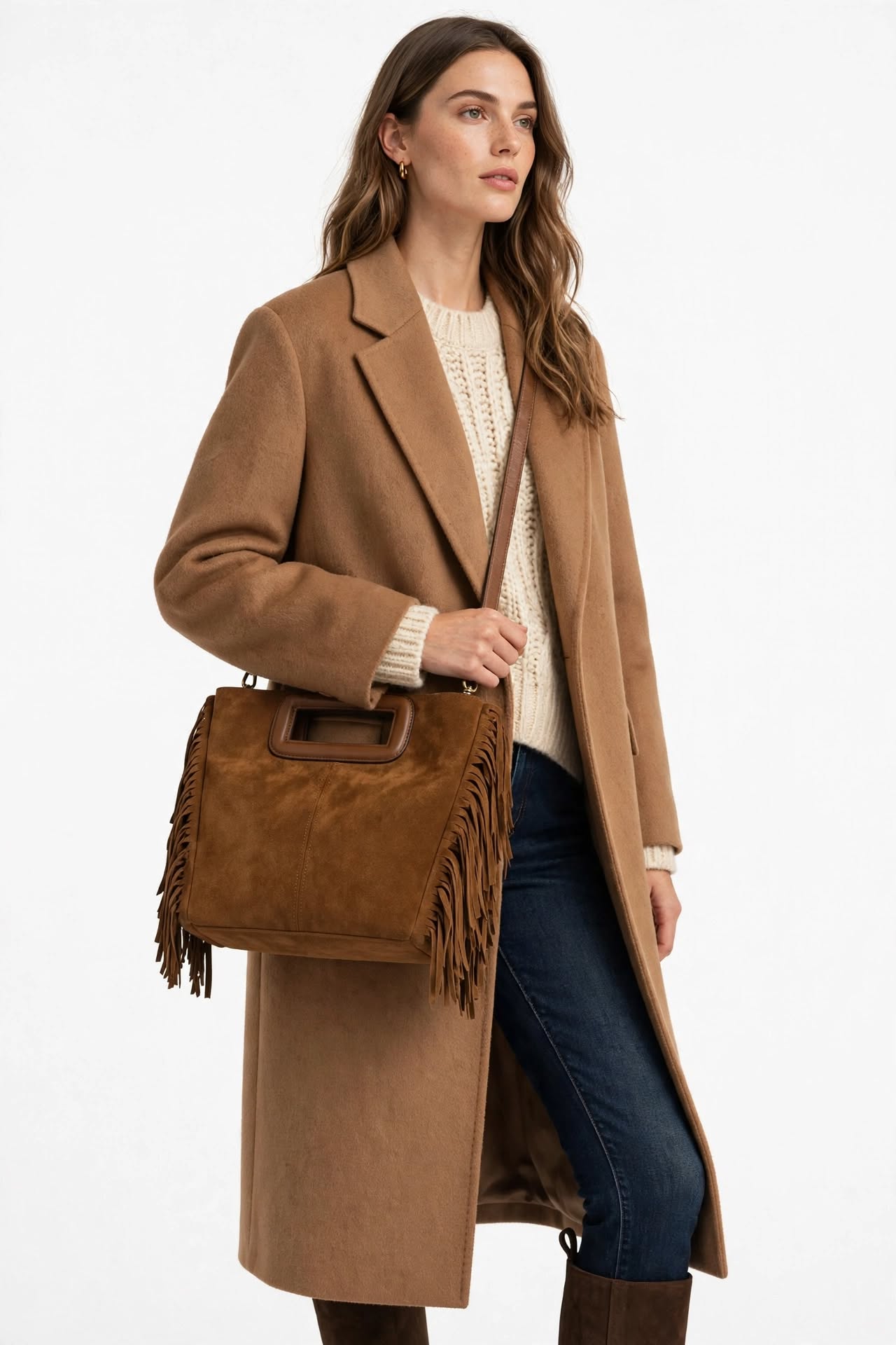 MRKSHI ORBIT — Suede leather Bag in Tobacco, front view