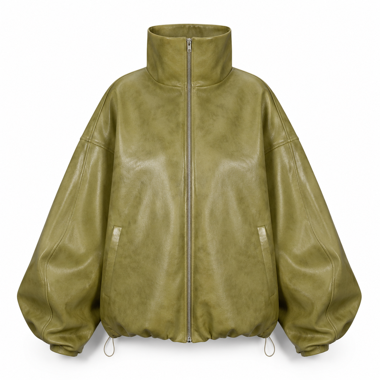 MRKSHI CASAUI — Smooth Leather leather Jacket in Olive, front view