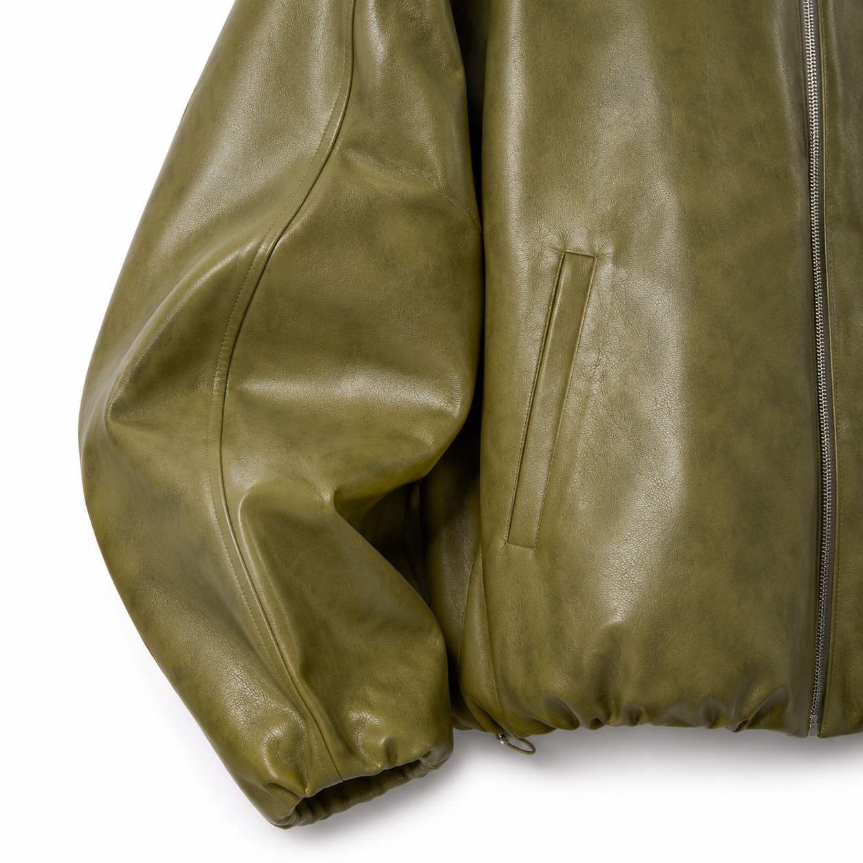 MRKSHI CASAUI — Smooth Leather leather Jacket in Olive, three quarter view