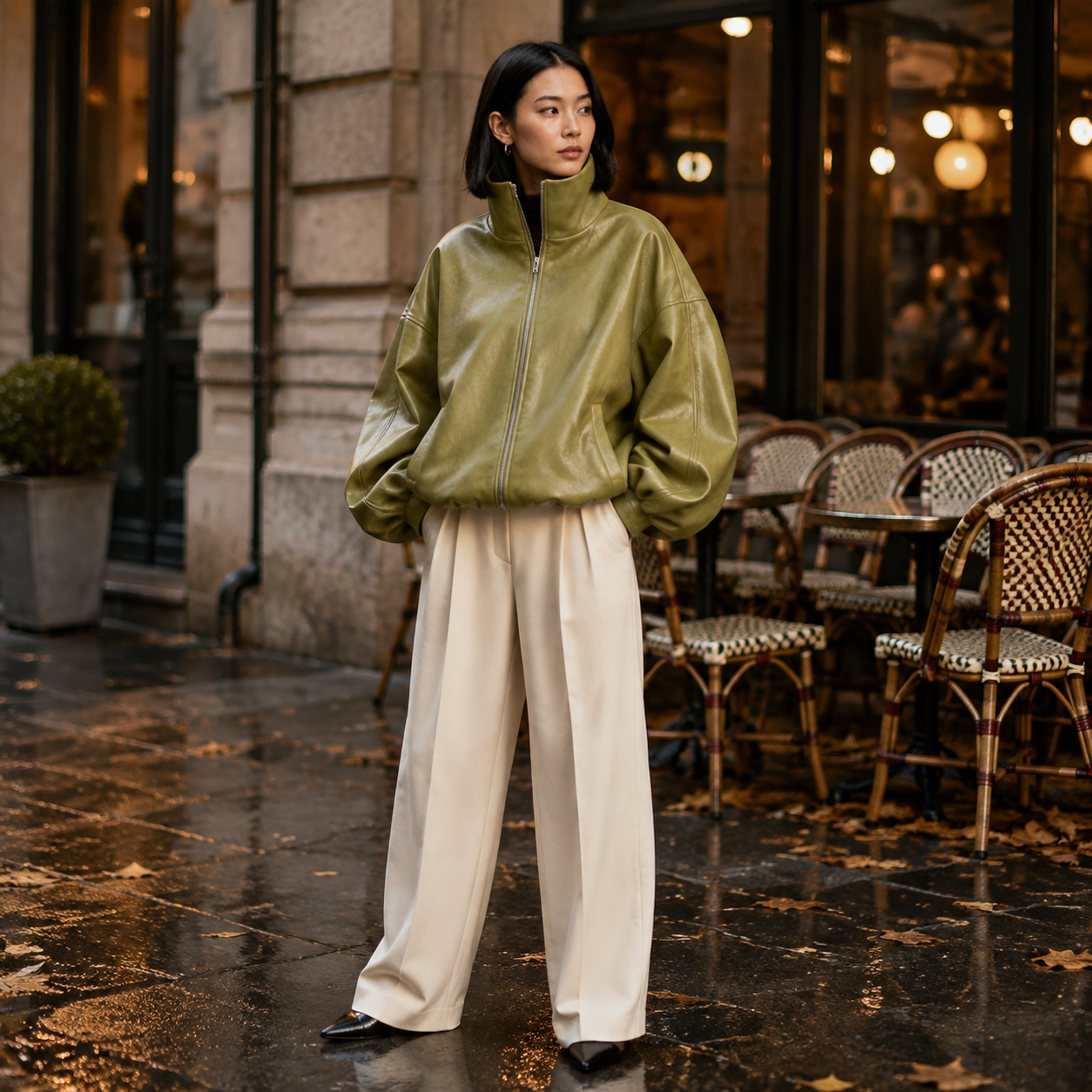 MRKSHI CASAUI — Smooth Leather leather Jacket in Olive, leather detail