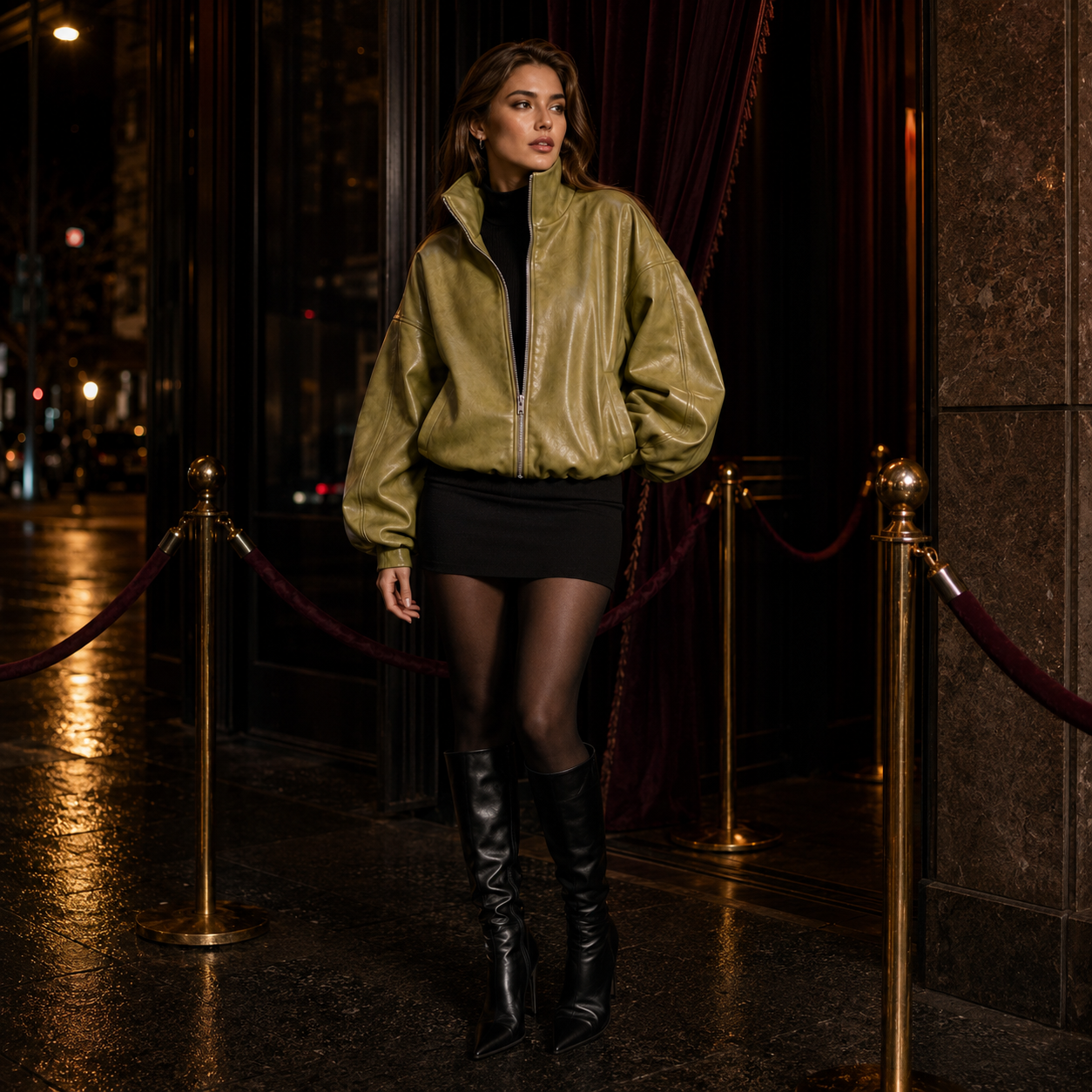 MRKSHI CASAUI — Smooth Leather leather Jacket in Olive, detail